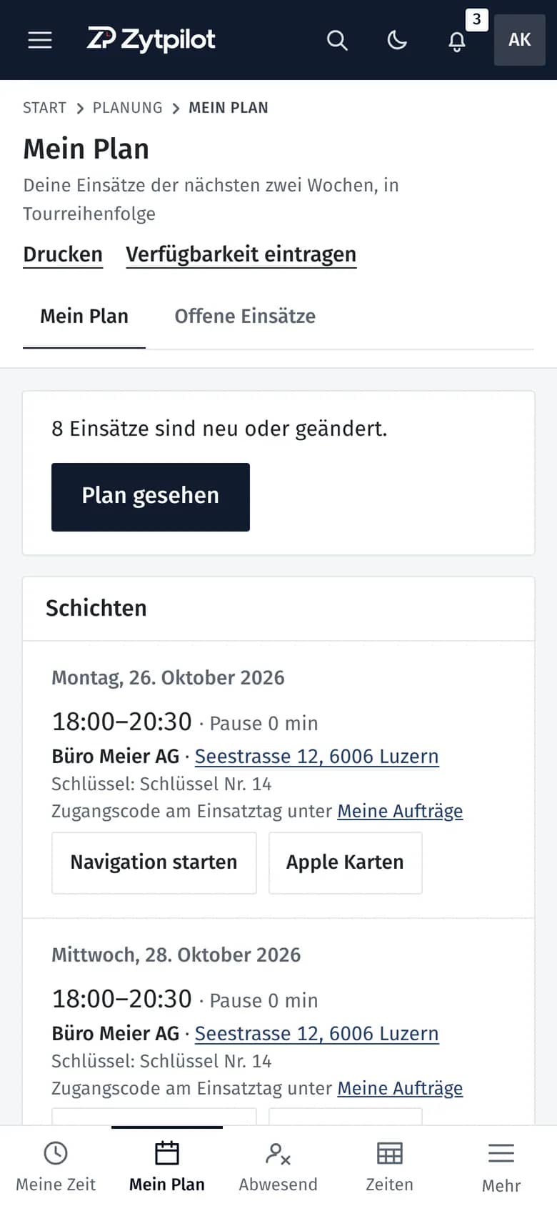 Planning personnel sur le téléphone : interventions avec adresse, indication pour la clé et bouton de navigation, entreprise de démonstration Glanz Reinigung.
