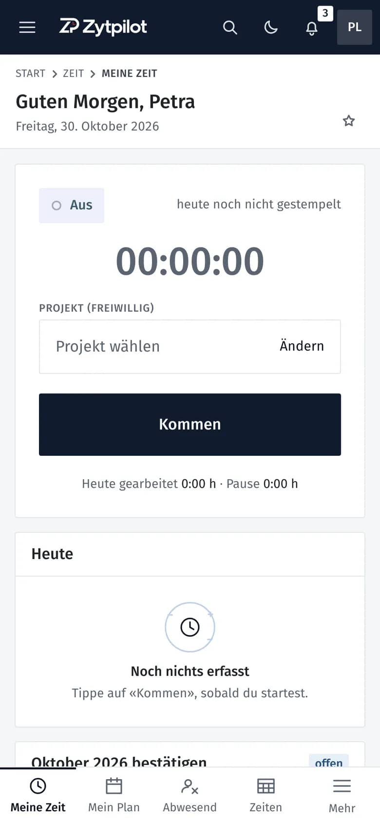 App per i collaboratori sullo smartphone: saluto del mattino per Petra, timbratrice con pulsante di entrata.