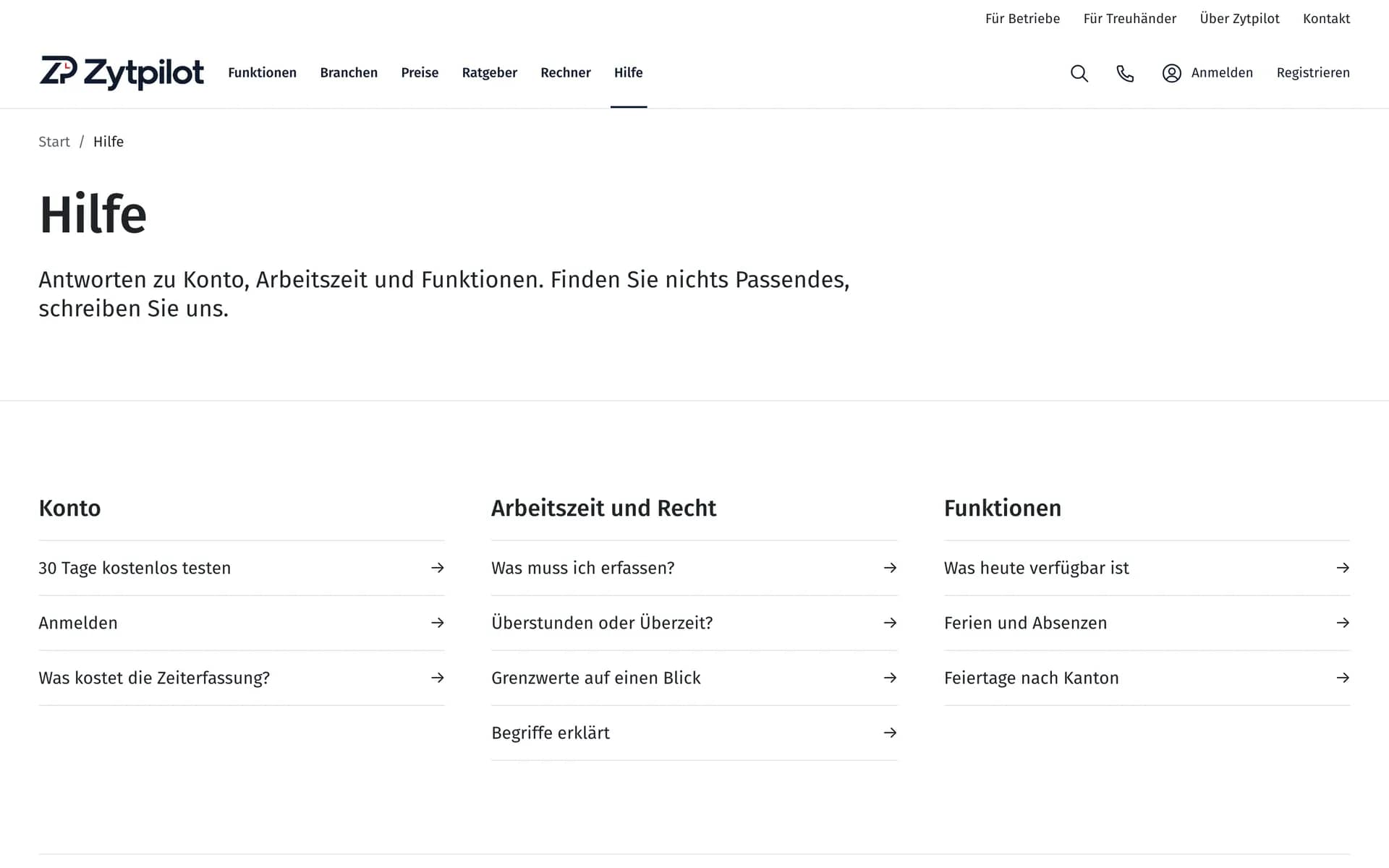 Pagina di aiuto del sito in tedesco, con le sezioni conto, tempo di lavoro e diritto nonché funzionalità.