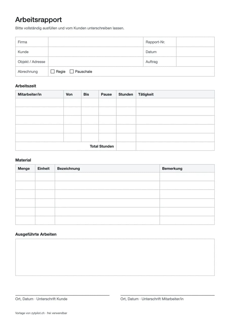 Vorschau der Arbeitsrapport-Vorlage mit Kopf, Tabelle Arbeitszeit, Tabelle Material, Feld für ausgeführte Arbeiten und Unterschriften.